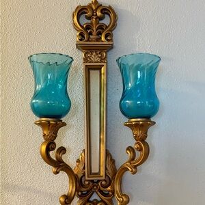 Vintage pair of  homeco blue glass swirl peg votive candle holder
